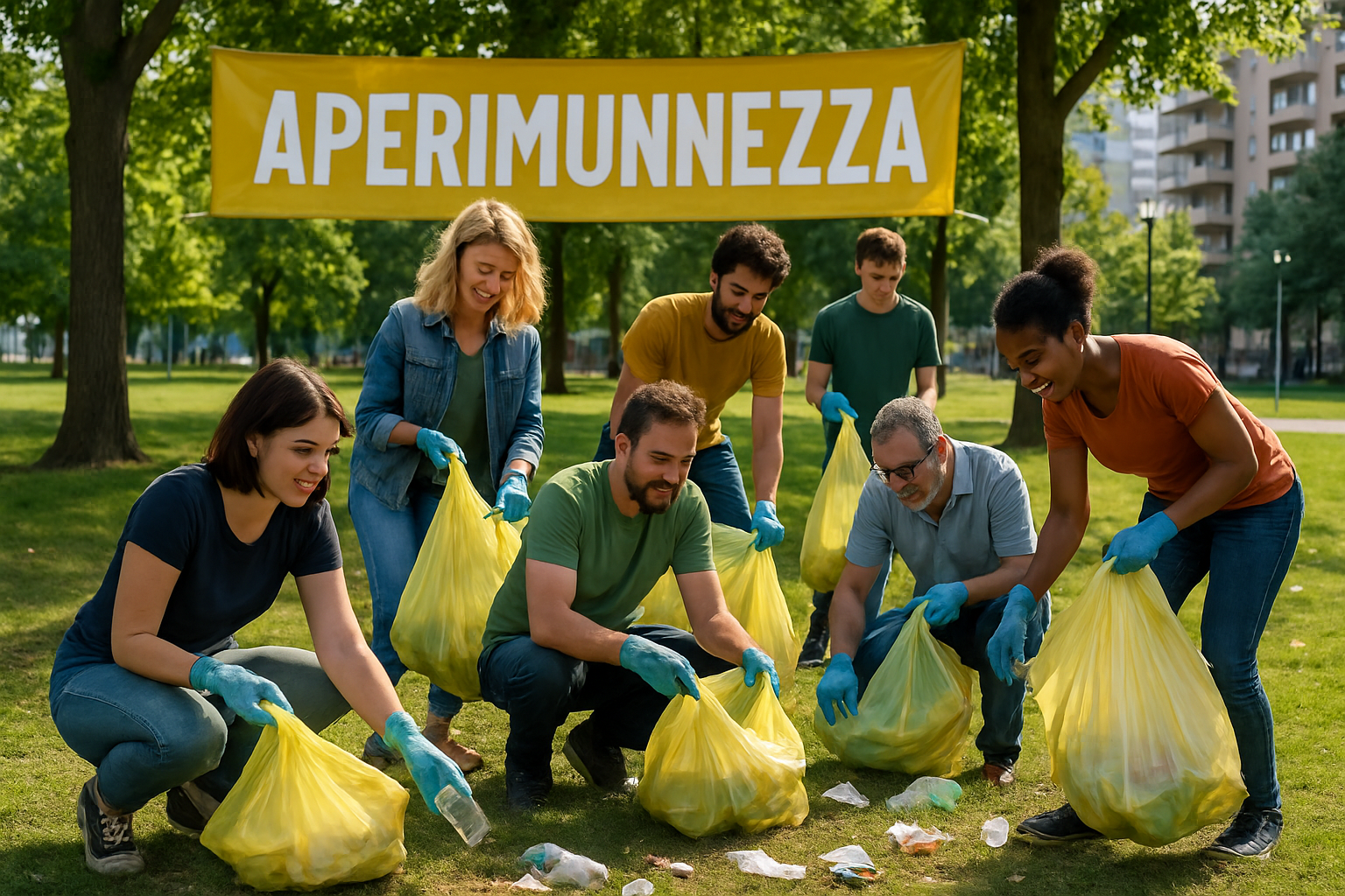 Evento Aperimunnezza: cittadini raccolgono rifiuti insieme in un parco urbano