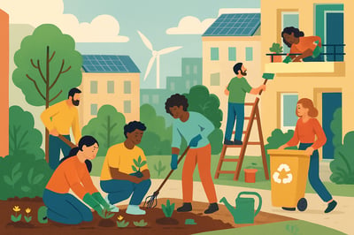 Illustrazione di una comunità impegnata in attività di rigenerazione urbana e sostenibilità